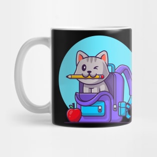 Cute Cat Biting Pencil With Bag And Apple Cartoon Mug